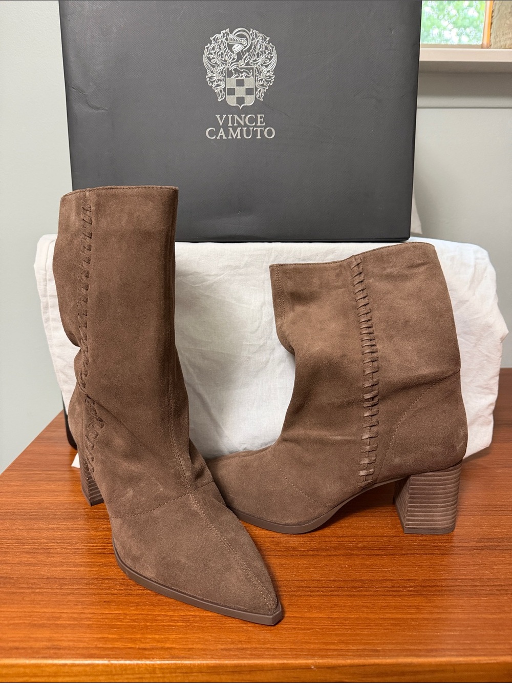 Vince Camuto Chocolate Brown Suede Ankle Booties with Stacked Heel